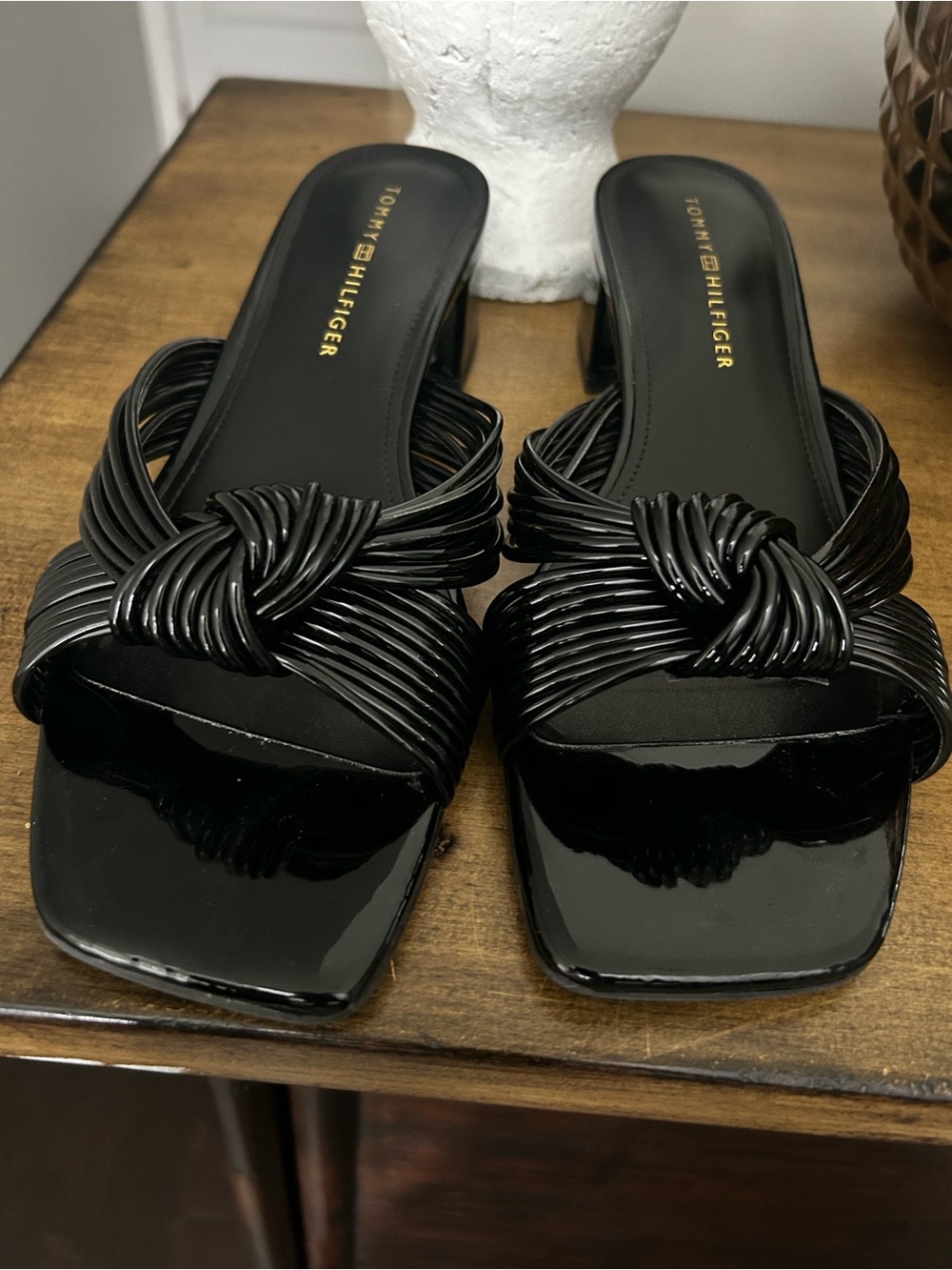 Tommy Hilfiger Black Knotted Patent Slide Mules